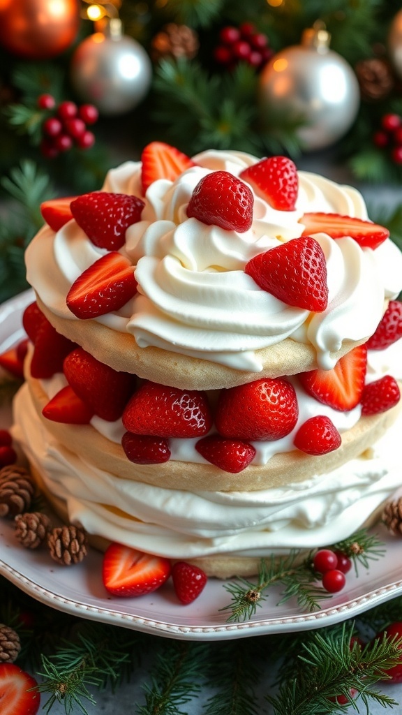 Strawberry Shortcake for Christmas Dessert A beautiful strawberry shortcake with layers of cake, strawberries, and whipped cream, set against a festive holiday backdrop.